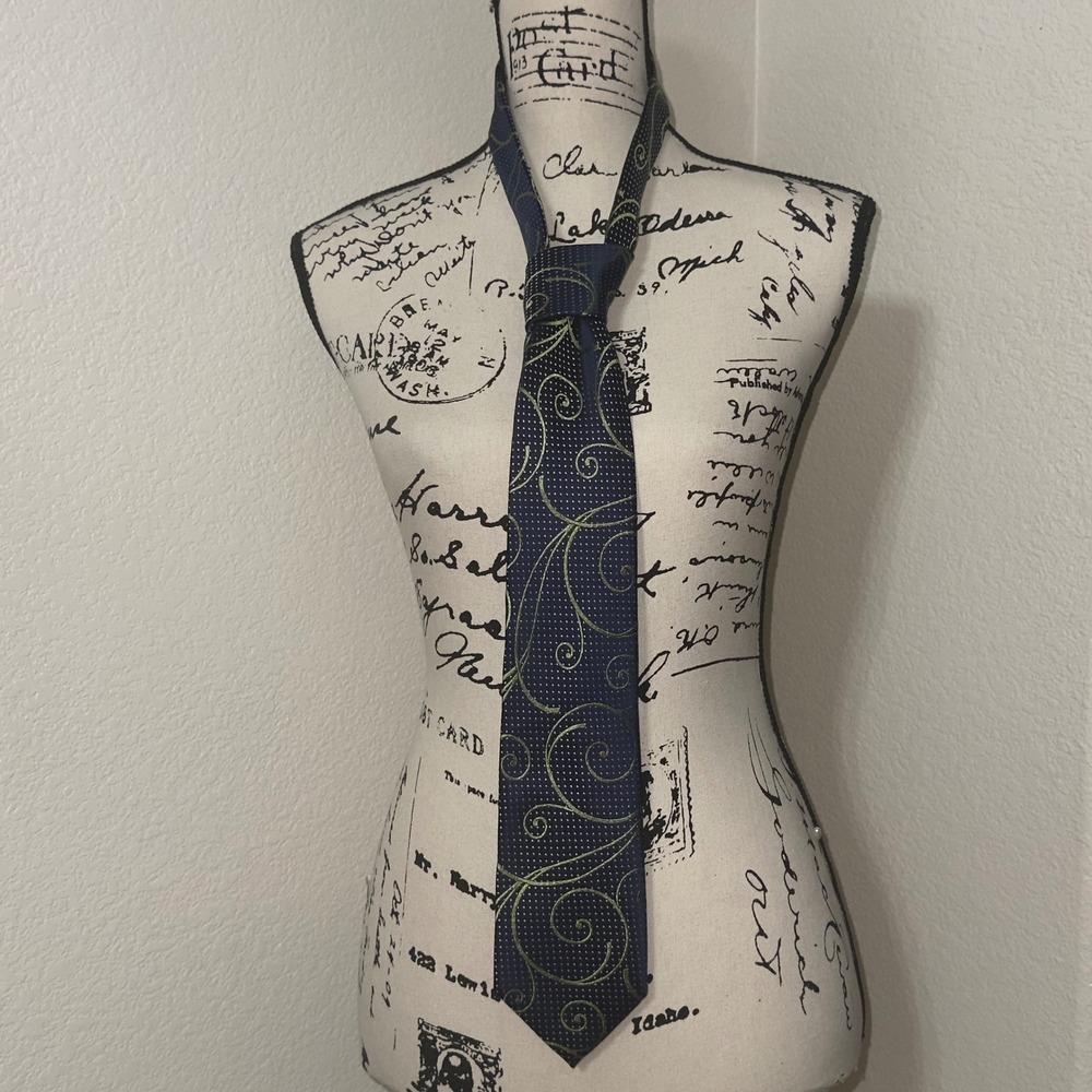 Ted Baker London Mens Navy Blue Green Swirl Embroidered Silk Necktie Tie